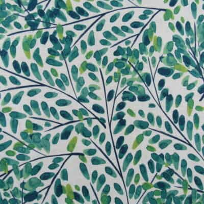 Covington Fabrics Suneil 220 Seagrass with botanical leaf design in teal green for upholstery, drapery, bedding, cushions, pillows.