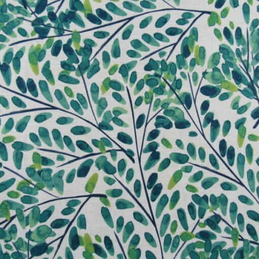 Covington Fabrics Suneil 220 Seagrass with botanical leaf design in teal green for upholstery, drapery, bedding, cushions, pillows.