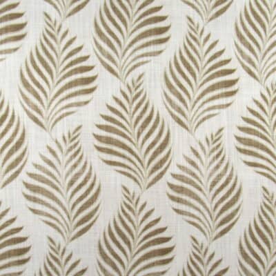 Trevi Fabrics Aria Antelope with botanical leaf design in tan on cream background printed on 100% cotton has amazing detail and designer look