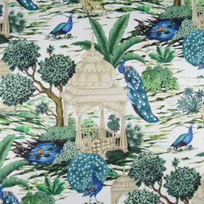 Trevi Fabrics Pavo Gazebo serene tropical feel design with gazebo by a pond and peacock, deer in teal green blue colors printed on 100% cotton sateen