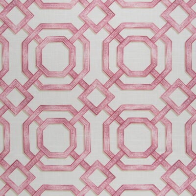 PKaufmann Fabrics Gazebo Trellis Berry with trellis design in pink with tan accents on off white background for upholstery, drapery, bedding, pillows.