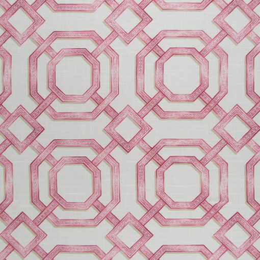 PKaufmann Fabrics Gazebo Trellis Berry with trellis design in pink with tan accents on off white background for upholstery, drapery, bedding, pillows.