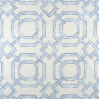 PKaufmann Fabrics Gazebo Trellis Spa with trellis design in blue with gray accents on off white background for upholstery, drapery, bedding, pillows.