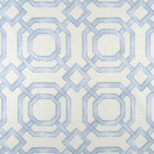 PKaufmann Fabrics Gazebo Trellis Spa with trellis design in blue with gray accents on off white background for upholstery, drapery, bedding, pillows.