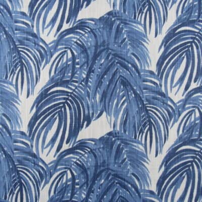 Lacefield Designs Villa Wedgewood blue and off white tropical leaves design. 100% cotton print fabric for upholstery, drapery, bedding, pillows, cushions. On Sale!