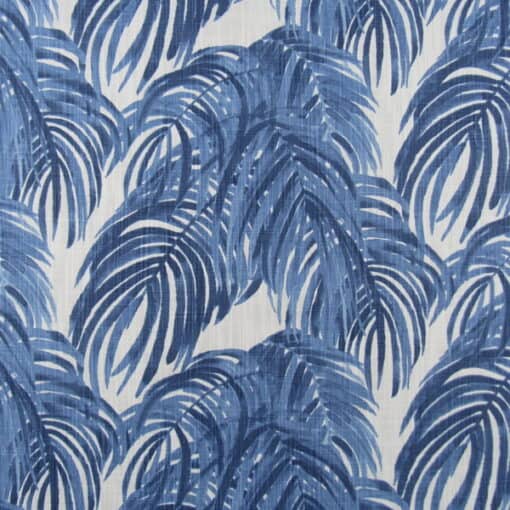 Lacefield Designs Villa Wedgewood blue and off white tropical leaves design. 100% cotton print fabric for upholstery, drapery, bedding, pillows, cushions. On Sale!