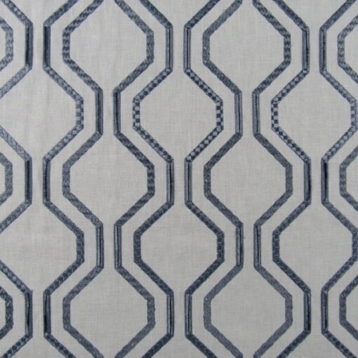 Mill Creek Fabrics Entertainer Dresden Embroidery geometric design with gray background and blue gray embroidery for drapery, bedding, light upholstery, pillows, cushions. On Sale!