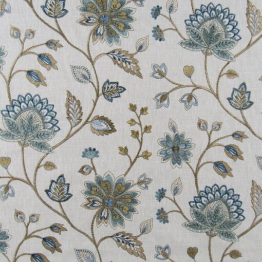 Mill Creek Fabrics Malvina Aquamarine Embroidery with floral design in aqua, blue, tan on off white background for drapery, bedding, light upholstery, pillows, cushions. On Sale!