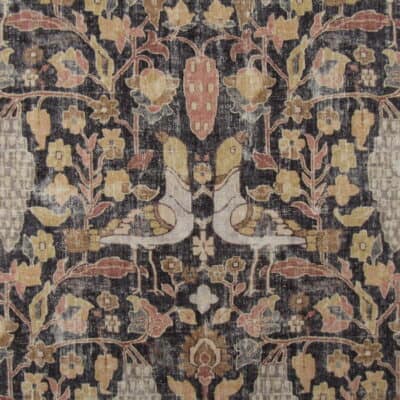 PKaufmann Fabrics Locanda Teak love birds and floral design on black background with gold rust accents. Locanda Teak has a distressed vintage look and European feel. 100% cotton multi purpose fabric than can be used for upholstery or window treatments, bedding, accent pillows and more.