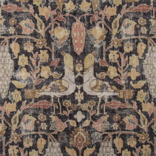 PKaufmann Fabrics Locanda Teak love birds and floral design on black background with gold rust accents. Locanda Teak has a distressed vintage look and European feel. 100% cotton multi purpose fabric than can be used for upholstery or window treatments, bedding, accent pillows and more.