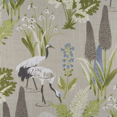 Trevi Fabrics Poise Linen pondscape design with cranes feeding among the green vegetation, printed on polyester linen blend fabric with gray taupe background.