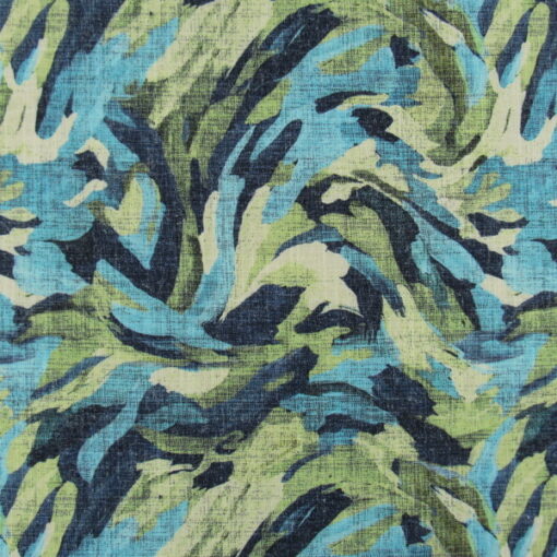 Trevi Fabrics Serenity Blue Wave polyester linen blend print fabric with abstract contemporary design in aqua, blue, navy, green.