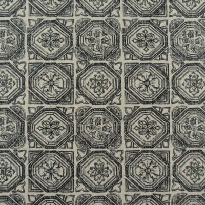 Lacefield Designs Valencia Granite print fabric with block print tile design in black and tan for upholstery, drapery, bedding, cushions, pillows. On Sale
