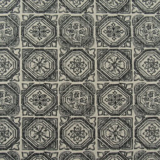 Lacefield Designs Valencia Granite print fabric with block print tile design in black and tan for upholstery, drapery, bedding, cushions, pillows. On Sale