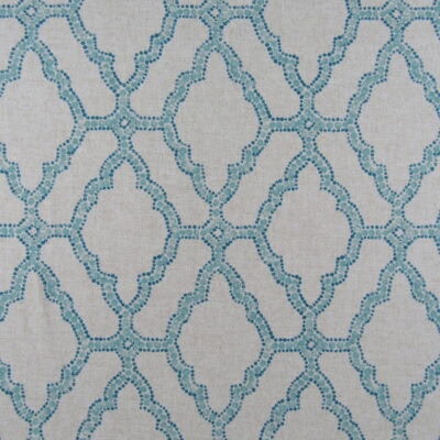 Lacefield Designs Kai Capri printed on linen blend fabric with aqua geometric design and linen background for upholstery, drapery, bedding, pillows. On Sale