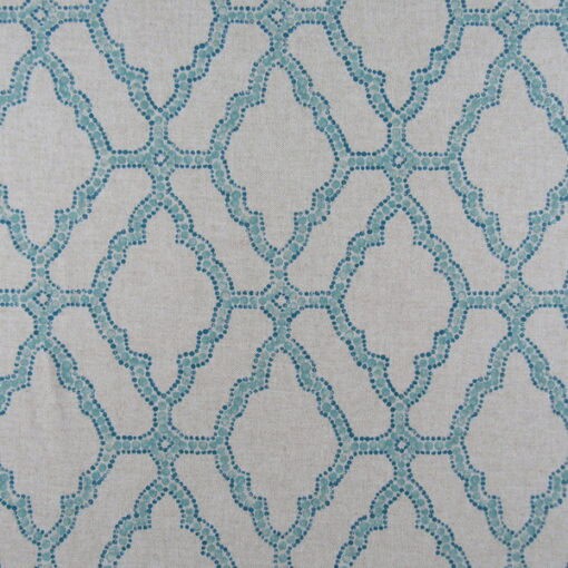 Lacefield Designs Kai Capri printed on linen blend fabric with aqua geometric design and linen background for upholstery, drapery, bedding, pillows. On Sale