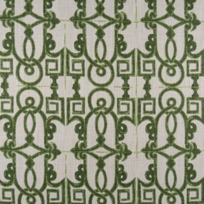 Lacefield Designs Seville Olive 100% cotton print fabric with green fretwork design on beige background for upholstery, drapery, bedding, pillows. On Sale!