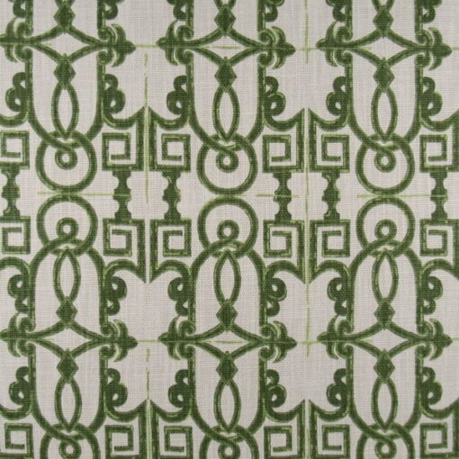 Lacefield Designs Seville Olive 100% cotton print fabric with green fretwork design on beige background for upholstery, drapery, bedding, pillows. On Sale!