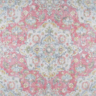 Covington Fabrics Benbrook 70 Blossom ikat design print in pink with aqua ang green accents. Benbrook Blossom is ideal for furniture upholstery, drapery, bedding, pillows and cushions.