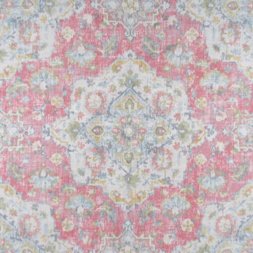 Covington Fabrics Benbrook 70 Blossom ikat design print in pink with aqua ang green accents. Benbrook Blossom is ideal for furniture upholstery, drapery, bedding, pillows and cushions.