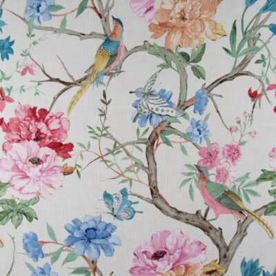 Covington Fabrics Eliana 212 Garden with birds and butterflies and large scale floral design. Printed on 100% cotton for furniture, drapery, bedding.
