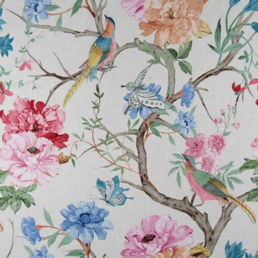 Covington Fabrics Eliana 212 Garden with birds and butterflies and large scale floral design. Printed on 100% cotton for furniture, drapery, bedding.