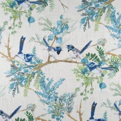 Covington Fabrics Emilia 524 Mediterranean Blue features lovely bluebirds with aqua flora and green leaves for upholstery, drapery, bedding, pillows.
