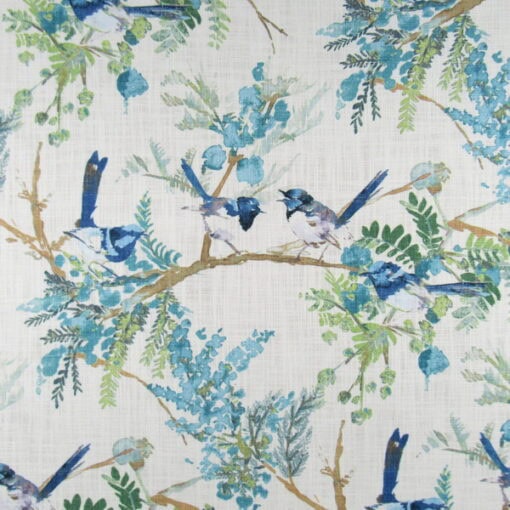 Covington Fabrics Emilia 524 Mediterranean Blue features lovely bluebirds with aqua flora and green leaves for upholstery, drapery, bedding, pillows.