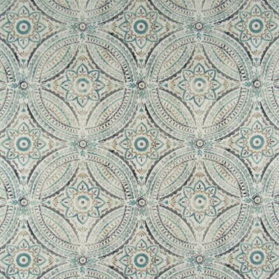 Kelly Ripa Home Blissfulness Spa fabric features a medallion design in spa green, gray, gold. Kelly Ripa Home Fabric Collection