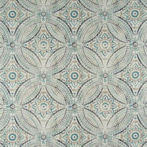 Kelly Ripa Home Blissfulness Spa fabric features a medallion design in spa green, gray, gold. Kelly Ripa Home Fabric Collection