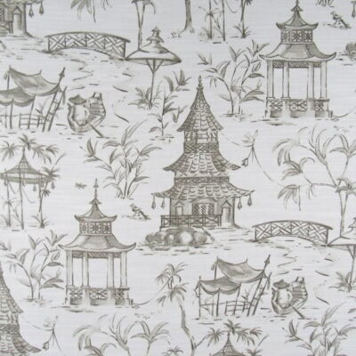 Lacefield Designs Pagodas Bisque with taupe and white chinoiserie design printed on 100% cotton fabric for upholstery, drapery, pillows.