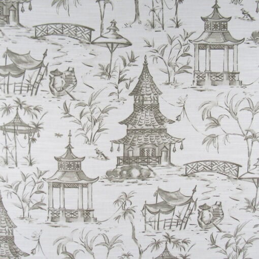 Lacefield Designs Pagodas Bisque with taupe and white chinoiserie design printed on 100% cotton fabric for upholstery, drapery, pillows.