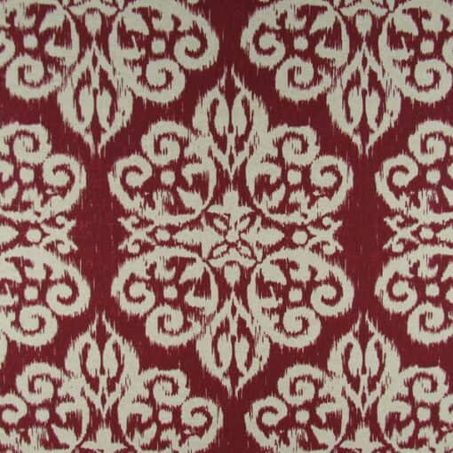 Lacefield Designs Spicer Sangria ikat design in red and natural linen printed on linen blend fabric for upholstery, drapery, bedding, cushions, pillows.