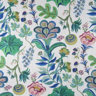 Lacefield Designs Utopia Garden Costa fabric cotton-linen blend with a botanical floral pattern in green, blue, teal, and burgundy on a white background.