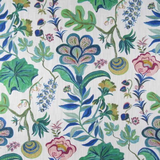 Lacefield Designs Utopia Garden Costa fabric cotton-linen blend with a botanical floral pattern in green, blue, teal, and burgundy on a white background.