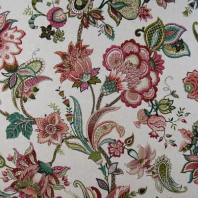 PKaufmann Fabrics Garden Flora Geranium with Jacobean floral design in red, green, coral on linen background for upholstery, drapery, pillows. On Sale!