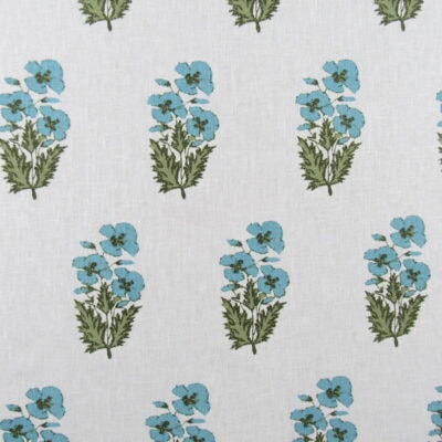 PKaufmann Fabrics Indira Peacock features a floral block print in aqua and green on off-white background crafted from 65% cotton and 35% polyester.