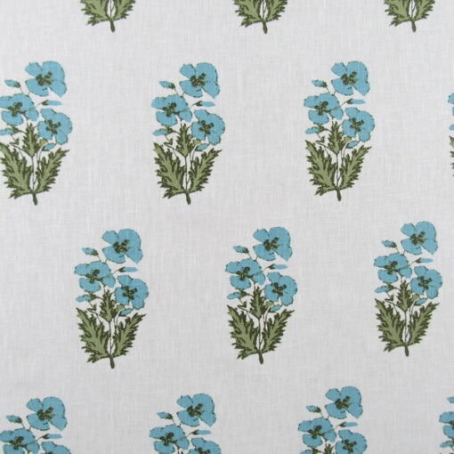 PKaufmann Fabrics Indira Peacock features a floral block print in aqua and green on off-white background crafted from 65% cotton and 35% polyester.