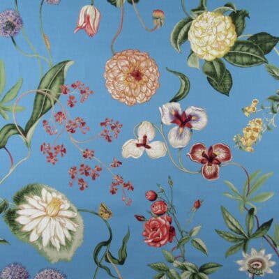 PKaufmann Fabrics Jardin De Fleurs Azure floral design with butterflies and caterpillars in green, coral, yellow on blue background. On Sale!