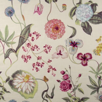 PKaufmann Fabrics Jardin De Fleurs Vanilla floral design with butterflies and caterpillars in green, coral, yellow, burgundy on cream background. On Sale!
