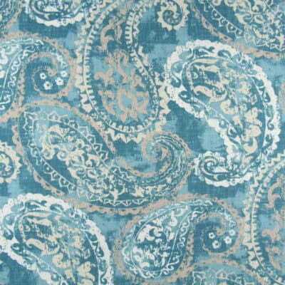 Jennifer Adams Home Palera 545 Mineral paisley design with aqua background and beige accents. From the Jennifer Adams Home Collection.