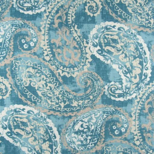 Jennifer Adams Home Palera 545 Mineral paisley design with aqua background and beige accents. From the Jennifer Adams Home Collection.