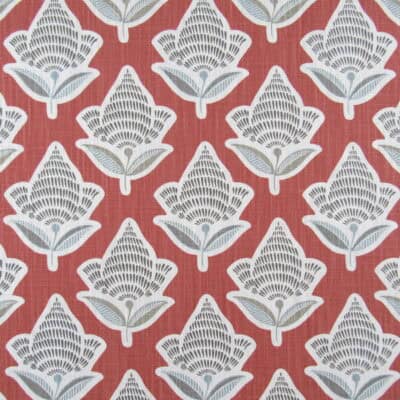 Premier Prints Makoto Scarlet features a botanical leaf design in aqua and gray on a coral rust background, printed on 100% cotton slub fabric. Made in USA