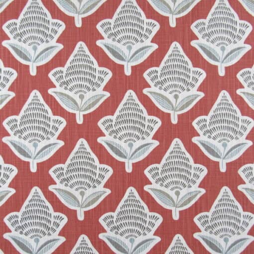 Premier Prints Makoto Scarlet features a botanical leaf design in aqua and gray on a coral rust background, printed on 100% cotton slub fabric. Made in USA