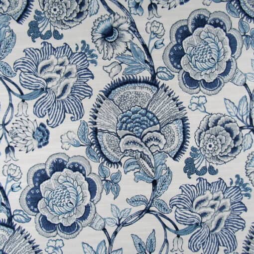 Richloom Fabrics Sheridan Lapis features a navy and blue floral design on a white background, printed on 100% cotton, ideal for furniture upholstery, drapery, bedding, cushions, and pillows.