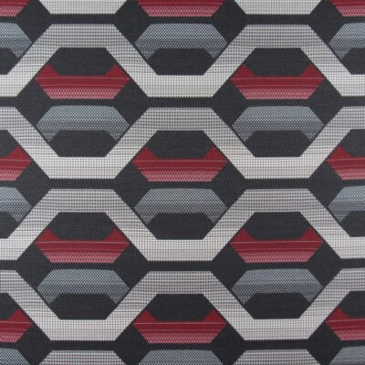 Sunbrella Hive Jazz 6 Yard Remnant 100% solution dyed acrylic geometric design in gray and red for outdoor patio cushions.6 Yard Remnant for $72.00