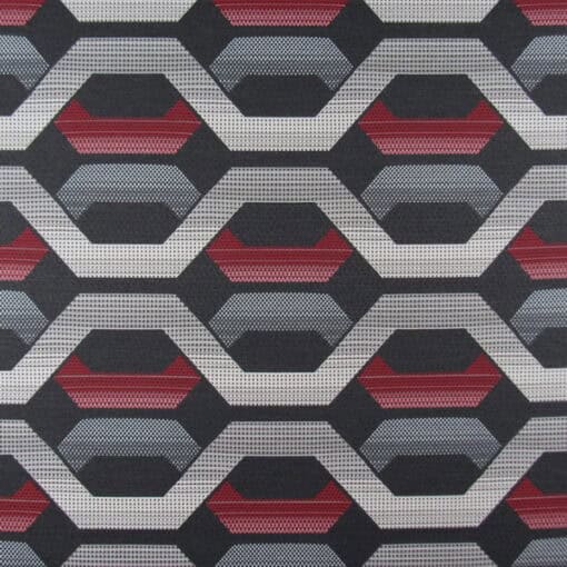 Sunbrella Hive Jazz 6 Yard Remnant 100% solution dyed acrylic geometric design in gray and red for outdoor patio cushions.6 Yard Remnant for $72.00