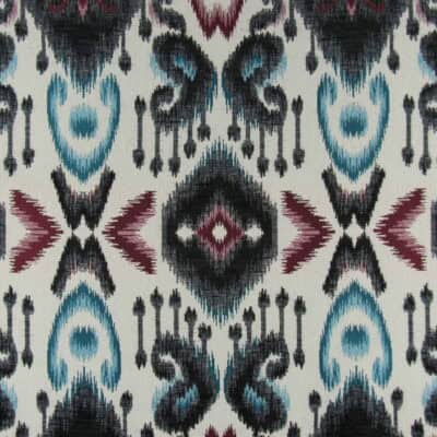 Mill Creek Fabrics Argo Multi durable jacquard weave ikat design in black, red, teal for furniture upholstery, pillows, cushions. On Sale!