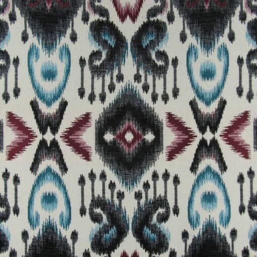 Mill Creek Fabrics Argo Multi durable jacquard weave ikat design in black, red, teal for furniture upholstery, pillows, cushions. On Sale!