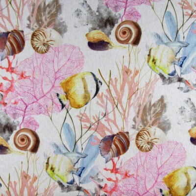 Brentwood Textiles Atlantis Coral with aquatic life including fish, shell, sea fans, coral in vibrant colors. Atlantis is printed on tight weave polyester chenille for furniture upholstery, drapery, bedding, pillows, cushions. On Sale!